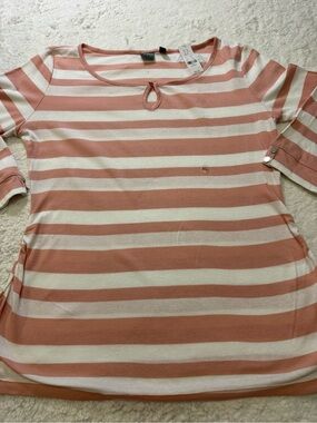 Soho Peach and White Striped Keyhole Sleeve-Tab Blouse